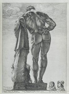 Bakifrån av Farnese Hercules (koppargravyr) av Hendrik Goltzius