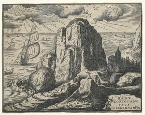 Set med 4 landskap: Nr 4 - Cliff on the Seashore. av Hendrik Goltzius