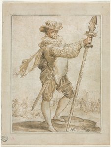 Stående officer som håller ett galtspjut, 1586. av Hendrik Goltzius
