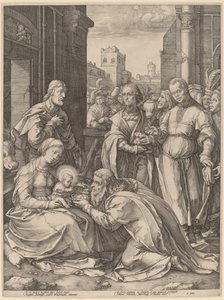 Tillbedjan av Magi av Hendrik Goltzius in the style of Lucas van Leyden