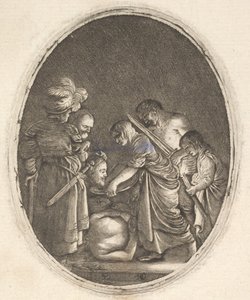 Salome tar emot Johannes Döparens huvud, omgiven av tre män och ett barn..., ca. 1610.