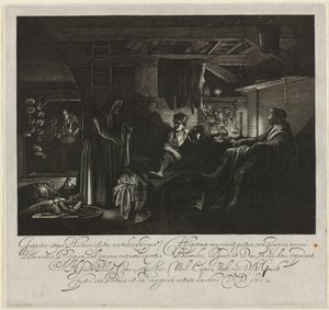 Jupiter och Merkurius i Filemons och Baucis hus av Hendrik Goudt after Adam Elsheimer