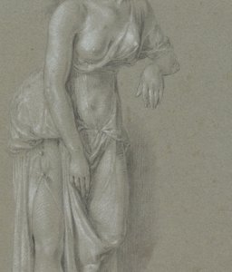 Figurstudie av en kvinna i klassisk mantel, stående tre fjärdedelar till höger