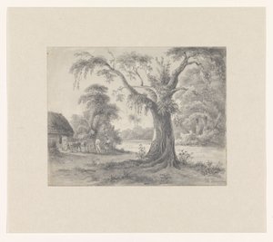Landskap med träd och koja med häst och vagn och två figurer av Hendrik Huygens (signed by artist)