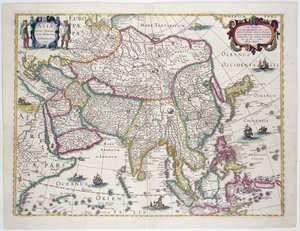 Översiktskarta med Arabien, Japan, den koreanska halvön och större delen av den indonesiska skärgården, 1631 (färggravyr)