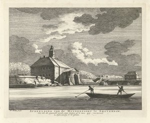 Sagging Muiderpoort, sett från Singelgracht, 1769 Bild av Muyderpoort i Amsterdam, Zoo som den kollapsade synden, kan ses från utsidan, sicksack (titel på objekt) av Hendrik Keun