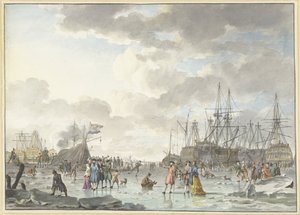 Frost Fair på en frusen flod med fartyg Isunderhållning på en frusen flod med fartyg