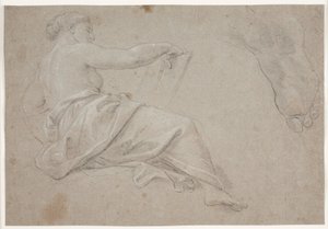 Halvt liggande, draperad kvinnofigur med bok. Studie av en fot av Hendrik Krock