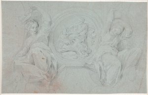 Två sittande kvinnofigurer runt en medaljong med Herakles (eller Simsons) kamp med lejonet av Hendrik Krock