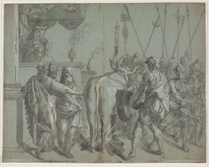 Tyrannen Phalarus av Agrigento omsluter skulptören Parillus i sin glödande bronstjur av Hendrik Krock