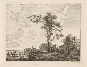 Landskap med ett hus vid en flod av Hendrik Marcus Schouten
