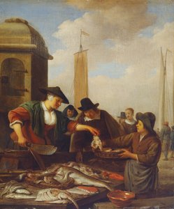 Ett fiskstall vid en hamn (olja på panel)