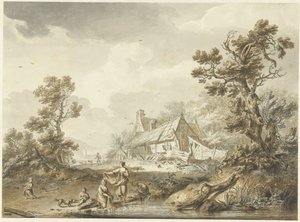 Gård med vaxande kvinnor i förgrunden av Hendrik Meijer