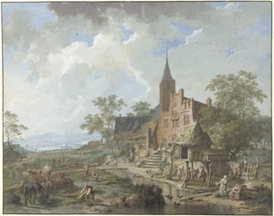 Skördar i en by i ett kuperat landskap av Hendrik Meijer