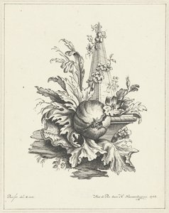 Prydnad med granatäpple med blad och obelisk av Hendrik Nieuwenhuysen