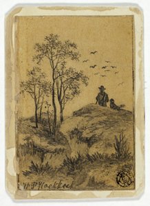 Jägare och hund på kullen tittar på fåglar av Hendrik Pieter Koekkoek