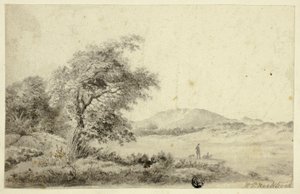 Landskap med par och hund av Hendrik Pieter Koekkoek