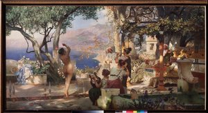 Sabeltans. (En naken kvinna dansar mellan svärd balanserade på terrassen i en italiensk villa, till ljudet av en lyra och en flöjt). Målning av Henryk Siemiradzki (1843-1902), olja på duk