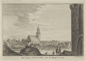 Utsikt över Oostvoorne Het Dorp Oostvoorn, uyt de Burgt (titel på objekt) av Hendrik Spilman