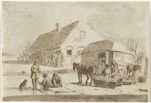 Skridskoåkare och en släde på en gård av Hendrik Spilman