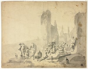 Hamnscen med olika figurer av Hendrik Verschuring
