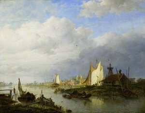 Båtar på en flod med en fyr av ljus av Hendrik Vettewinkel