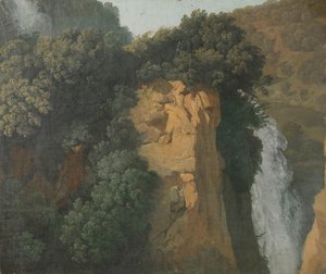 Bevuxna klippor med vattenfall i Italien, kanske vid Tivoli av Hendrik Voogd (attributed to)