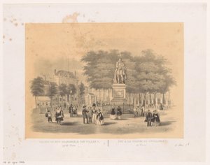 Utsikt över Plein i Haag med staty av Willem I Vy över statyn av William I på torget (titel på objekt)