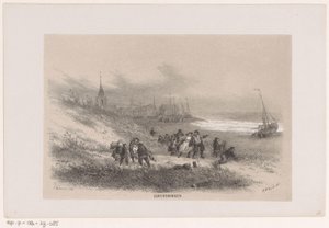 Scheveningen under stormen den 28 maj 1860 Scheveningen (titel på objekt) Album med tio litograferade skisser, föreställande Tooneelen of the Destruction, agiterad av stormen den 28 maj 1860 i 