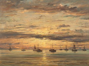 Solnedgång vid Scheveningen: En flotta av fiskefartyg vid ankar, 1894.