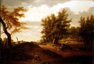 Ett skogslandskap med en vagn och bönder som färdas på en väg, en tvättare vid en damm och en gård bortom