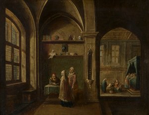 En renässansinteriör med figurer: The Birth of St John, c.1600-49 (olja på koppar)