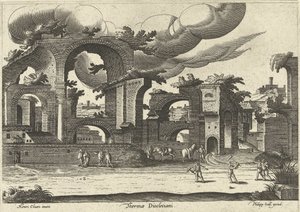 Ruinerna av Diocletianus bad från sidan med två män som spelar krocket i förgrunden, 1585. av Hendrik van Cleve III