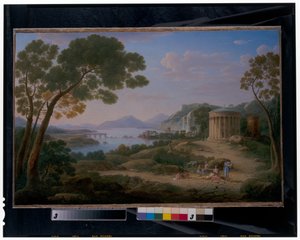 Ett omfattande klassiskt landskap med figurer som sitter framför en Tempietto