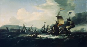 En strid mellan holländska och barbariska pirater nära kusten, slutet av 1600-talet (oljemålning)