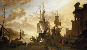 Navigation i Livorno (Italien), två fartyg förtöjda vid kajen, idealiserad beskrivning av Toscanas huvudhamn, den maritima korsningen mellan öst och den muslimska världen, representerad av kamelen och utomeuropeiska figurer, och Europa, symboliserat av