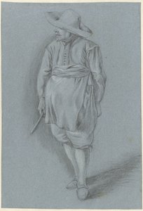 Man i 1600-talsklänning med hatt, förkläde och kniv av Hendrik van Velthoven (attributed to)