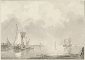 Utsikt över kusten med fartyg i stilla vatten av Hendrik van den Helm