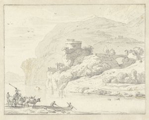 Italienskt bergslandskap med herdar och boskap och två figurer i en båt som korsar floden av Hendrik van der Straaten (attributed to)