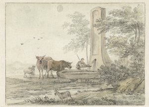 Italienskt landskap med herder och hans boskap och får vid en fontän