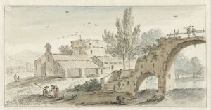 Italienskt landskap med en stenbro