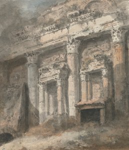 Fasad av förstörda (?) Romerska templet, med kolumner och dörröppning
