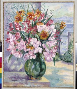 Vas med blommor på terrassen framför havet 1941 (målning) av Henri Charles Manguin