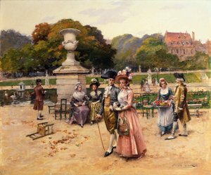 Eleganta figurer promenerar i en park (olja på pannå) av Henri-Victor Lesur
