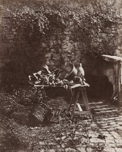 Stilleben: kruka, kanna och grönsaker på ett bord av sågbockar, ca 1852 (foto)