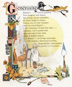 Buchstabe G Großzügigkeit - Gendarm Kran Wespe Becher Levkoje Kürbis Frosch - Gravur in "Alphabet der guten Beispiele" - Jules Levy, Herausgeber - Illustrationen von Henri Boulanger, alias Henri Gray (1858-1924). Texte (Gedichte) von Mme P. Boulanger - Gra von Henri (1858-1924) Gray