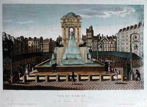 Vy över Marche des Innocents, graverad av Eugene Dubois, ca 1815-20 (färgad gravyr) av Henri (after) Courvoisier Voisin