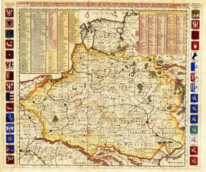 Kartan över Polen inkluderar delar av Livland och storhertigdömet Moskva par Chatelain, Henri Abraham (1684-1743). Etsning, akvarell av Henri Abraham Chatelain