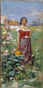 Camargaise en kanna Ung kvinna klädd med en zigenare på ett fält. Målning av Adrien Henri Tanoux (1865-1923) 1900-talet Obligatoriskt omnämnande: Collection fondation regards de Provence, Marseille