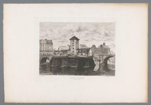 Utsikt över Pont Notre-Dame Pont Notre-Dame pumpen (titel på objekt) France etsen uit 1875 (serietitel) Etsning 1875 (serietitel) av Henri Alexandre Saffrey